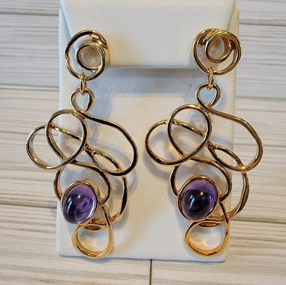 Vintage 1992 Avon Golden Web Purple Cabochon Gold Tone Dangle Earrings